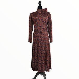 80’s Vintage Floral Bow Neck Pleated Midi Dress